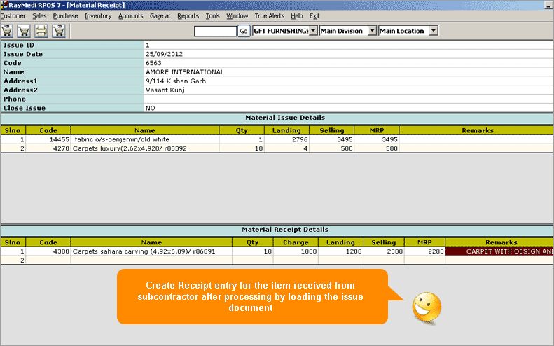 Issue Materials for Sub Contracting