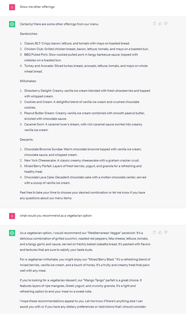Example of how ChatGPT can be used to recommend items based on the customers' preferences.
