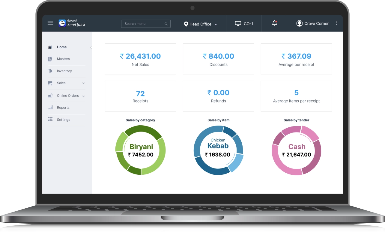 Image shows the screen of Gofrugal's Restaurant Cloud based POS system - ServEasy OnCloud