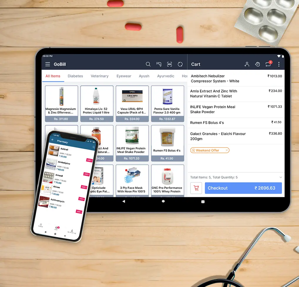 Image shows the billing screen with easy user interface of medical shop billing software