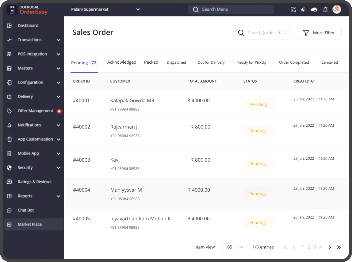 Online ordering app dashboard